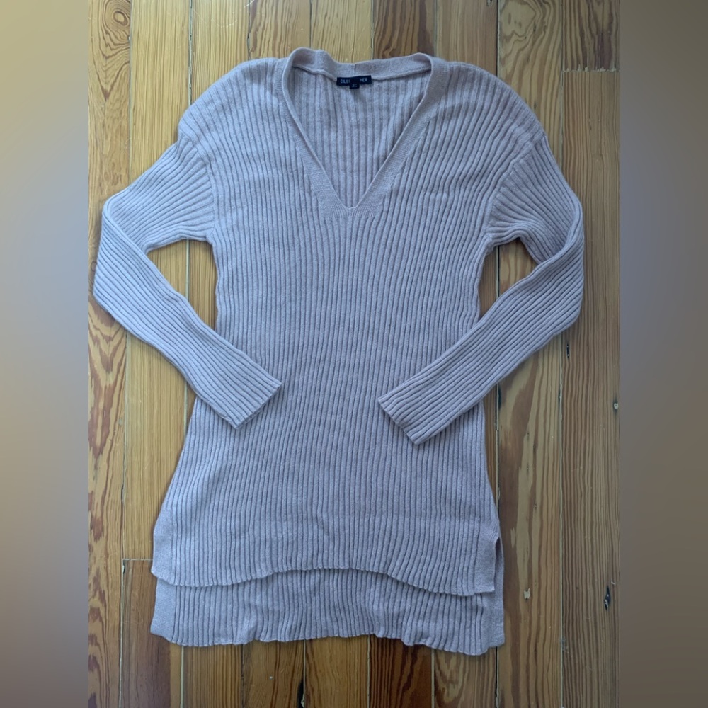 Eileen Fisher Ribbed V-Neck Longline Sweater in Taupe